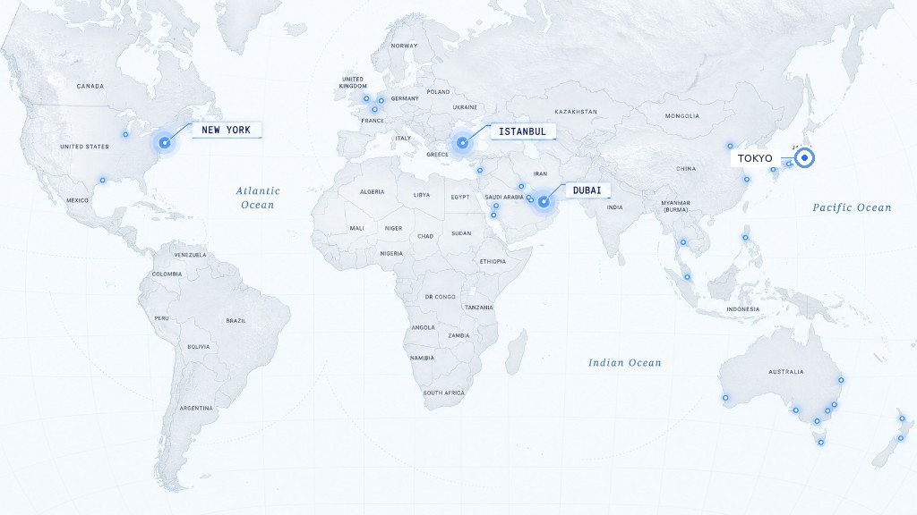 World map of EMPTYJET presence: principal offices in New York, Tokyo, Dubai and Istanbul, and representative addresses across 18 countries