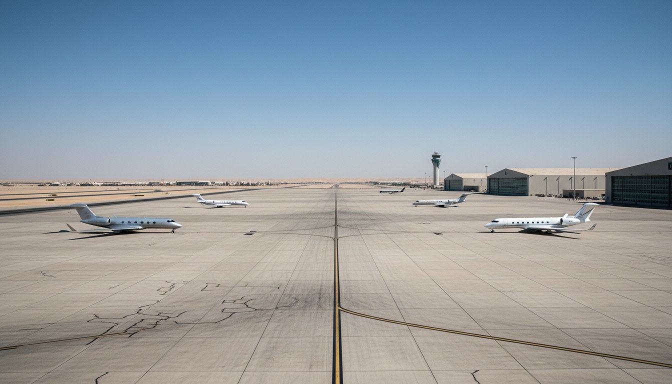 An aerial-style wide shot of an extremely large, modern airport apron under clear skies, with only a handful of private jets parked sparsely across its immense, empty concrete expa