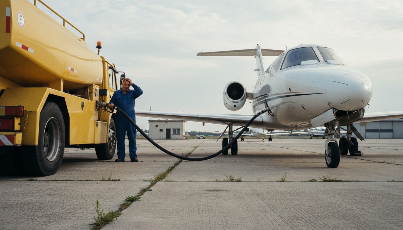 A close-up photograph of a small business jet being refueled on a rather ordinary European airport apron. A fuel truck operator or pilot stands near the hose, looking intently at t