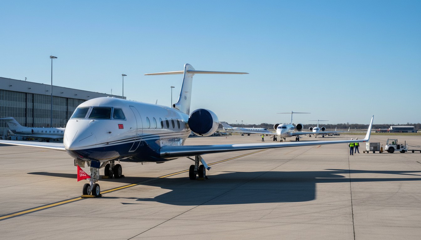 A large, imposing Gulfstream G650 business jet stands stationary on a sunlit airport ramp, while in the background, smaller, active business jets are seen taxiing and being service