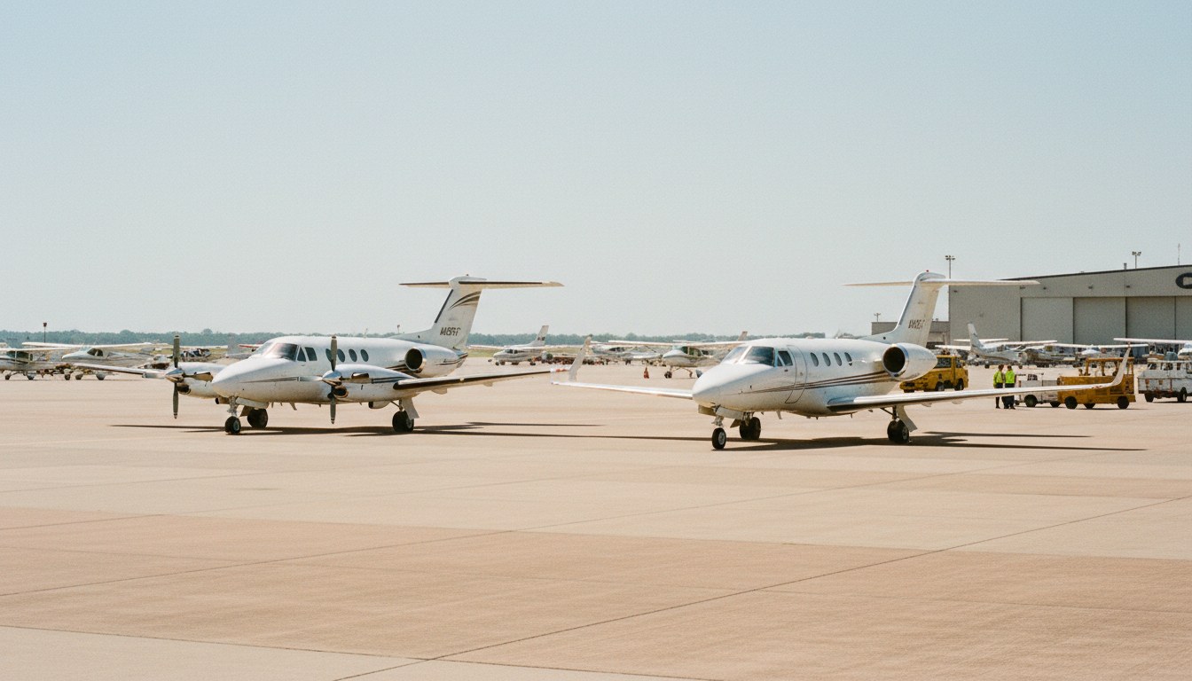 A King Air 350i turboprop and a Citation Excel jet parked next to each other on a sunny airport tarmac, a fuel truck nearby. Both aircraft appear similar in size, suggesting they o