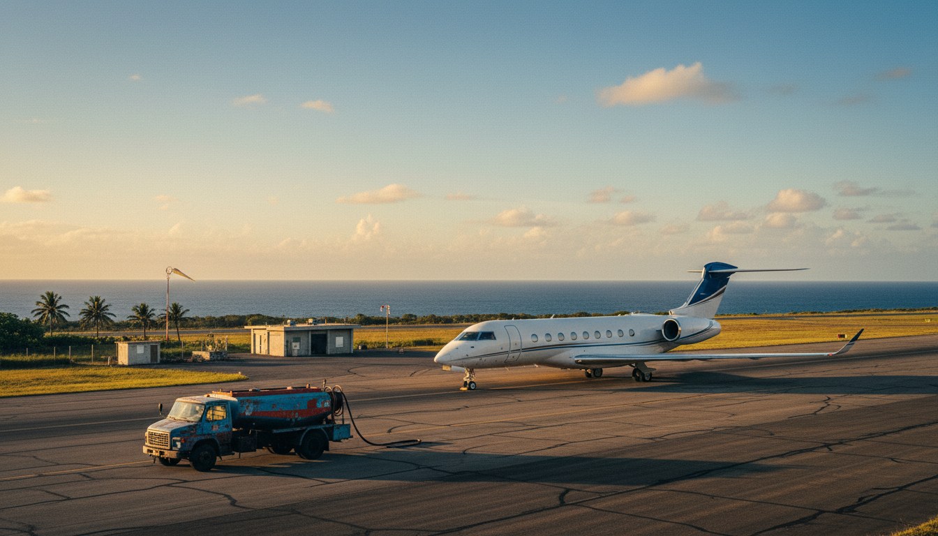 A Bombardier Global 7500 business jet sits on a remote, sun-drenched island runway, with a small, unassuming fuel truck nearby. The vast ocean stretches to a hazy horizon in the ba