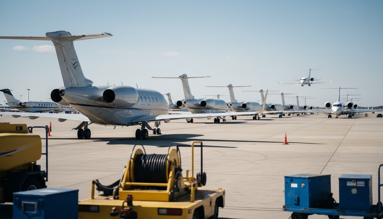 A wide, busy shot of a private jet airport ramp under bright afternoon sun. Multiple business jets are parked or in motion, creating a dense scene. A Challenger-class jet is promin