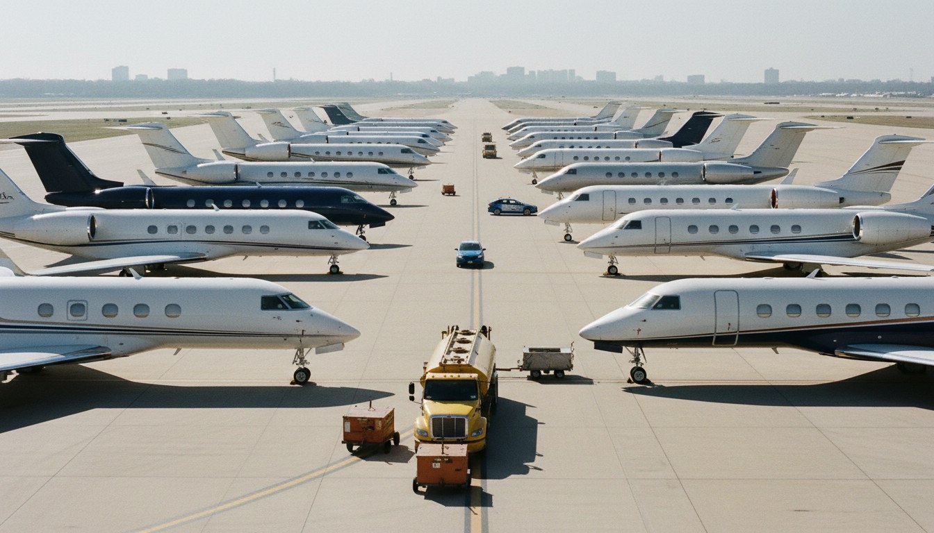 An aerial view of a crowded private jet airport ramp, showcasing many corporate jets parked close together with ground service vehicles navigating between them, conveying a sense o