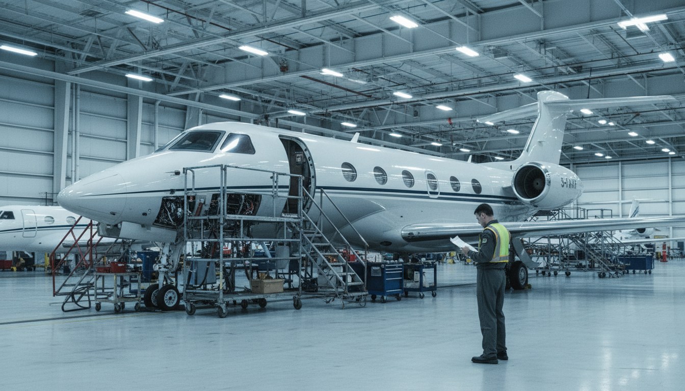 A large, luxury business jet undergoing extensive maintenance inside a brightly lit hangar, with scaffolding surrounding parts of its fuselage.