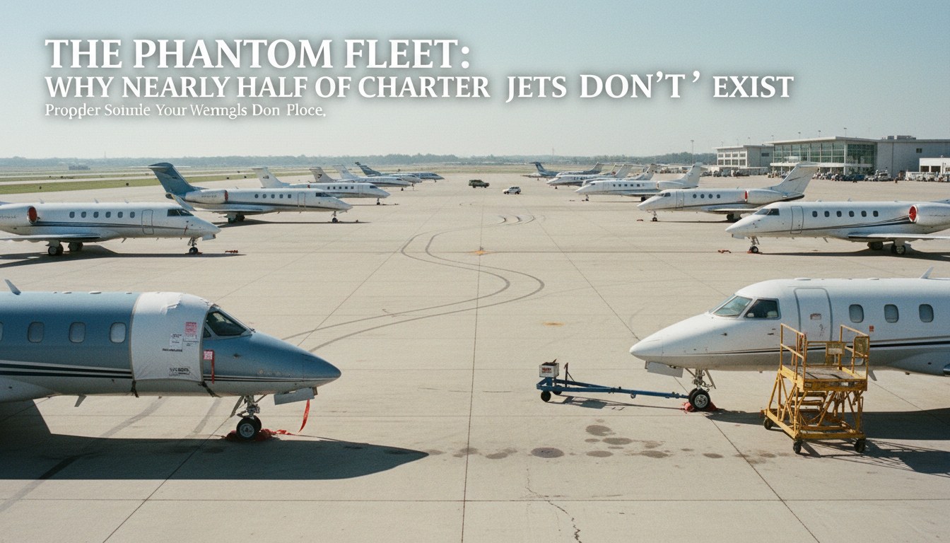 A wide shot of a crowded airport apron under a hazy sky, showing numerous parked business jets. Many of the jets have covers or maintenance equipment around them, or appear inactiv