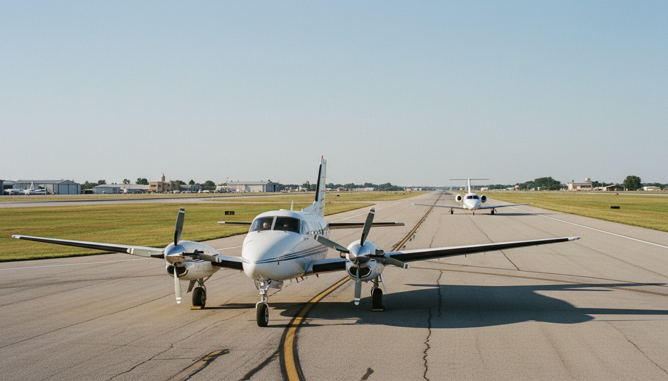 A King Air 350 turboprop aircraft stands prominently on a shorter paved runway, its propellers visible. Further back, on a longer runway, a Citation CJ3+ jet is seen at a distance,